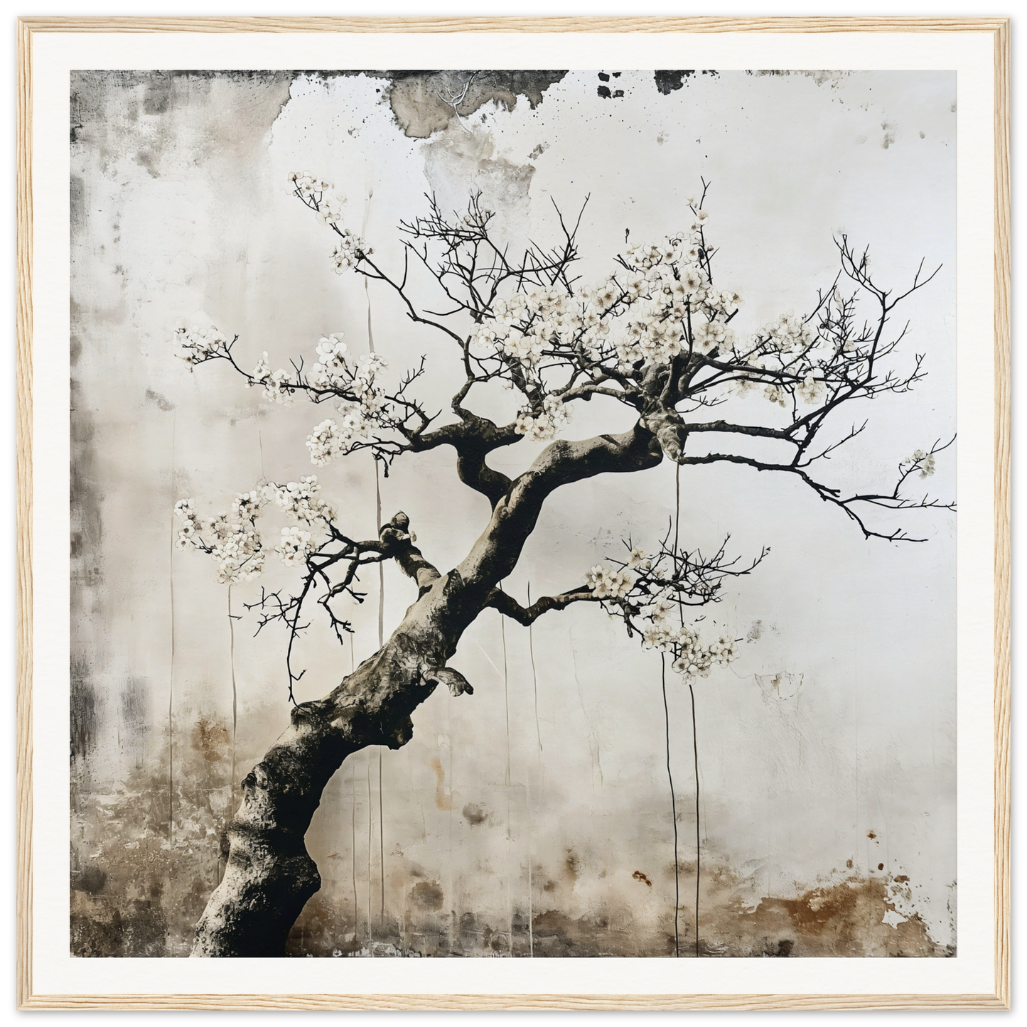 Twisted tree branch with delicate blossoms on a faded surface, Blossom Yin Reverie art