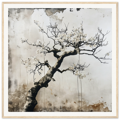 Twisted tree branch with delicate blossoms on a faded surface, Blossom Yin Reverie art