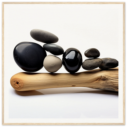 Smooth river rocks on driftwood in Zen Balance Riffs special edition art™ display