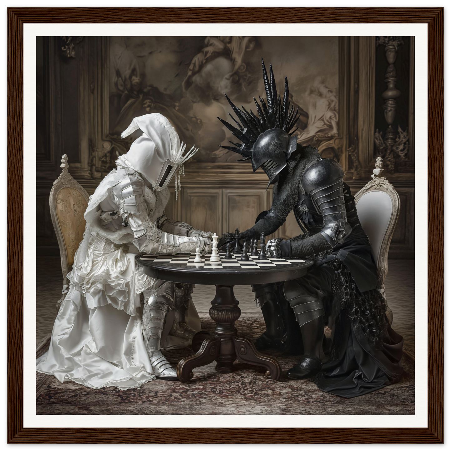 Two figures in black and white play chess in Duelling Nightmares’ Vision framed poster