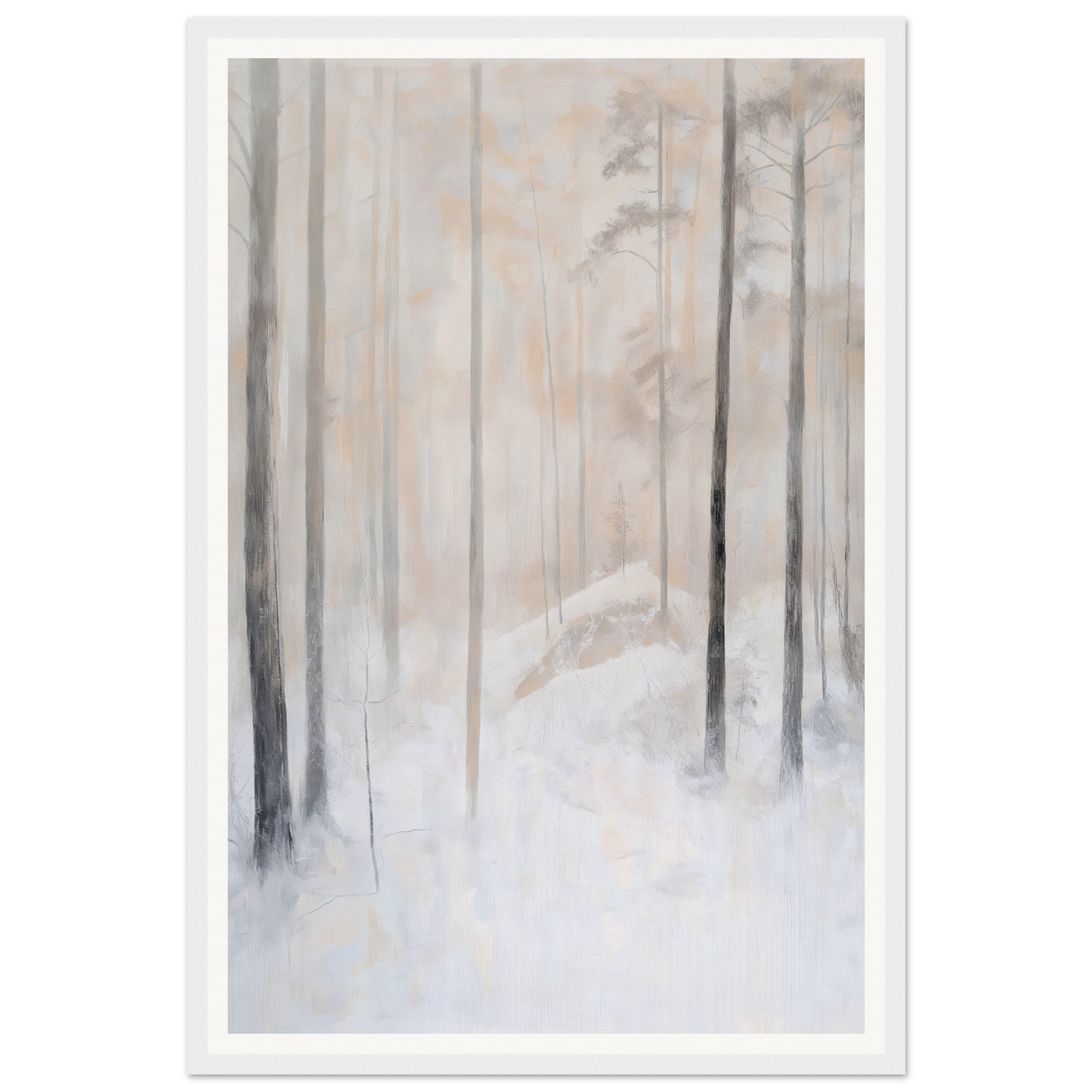 Framed wall art of a snowy forest scene with tall, thin trees in soft, muted colors.