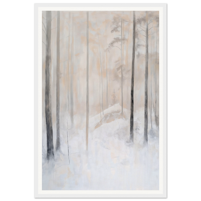 Framed wall art of a snowy forest scene with tall, thin trees in soft, muted colors.