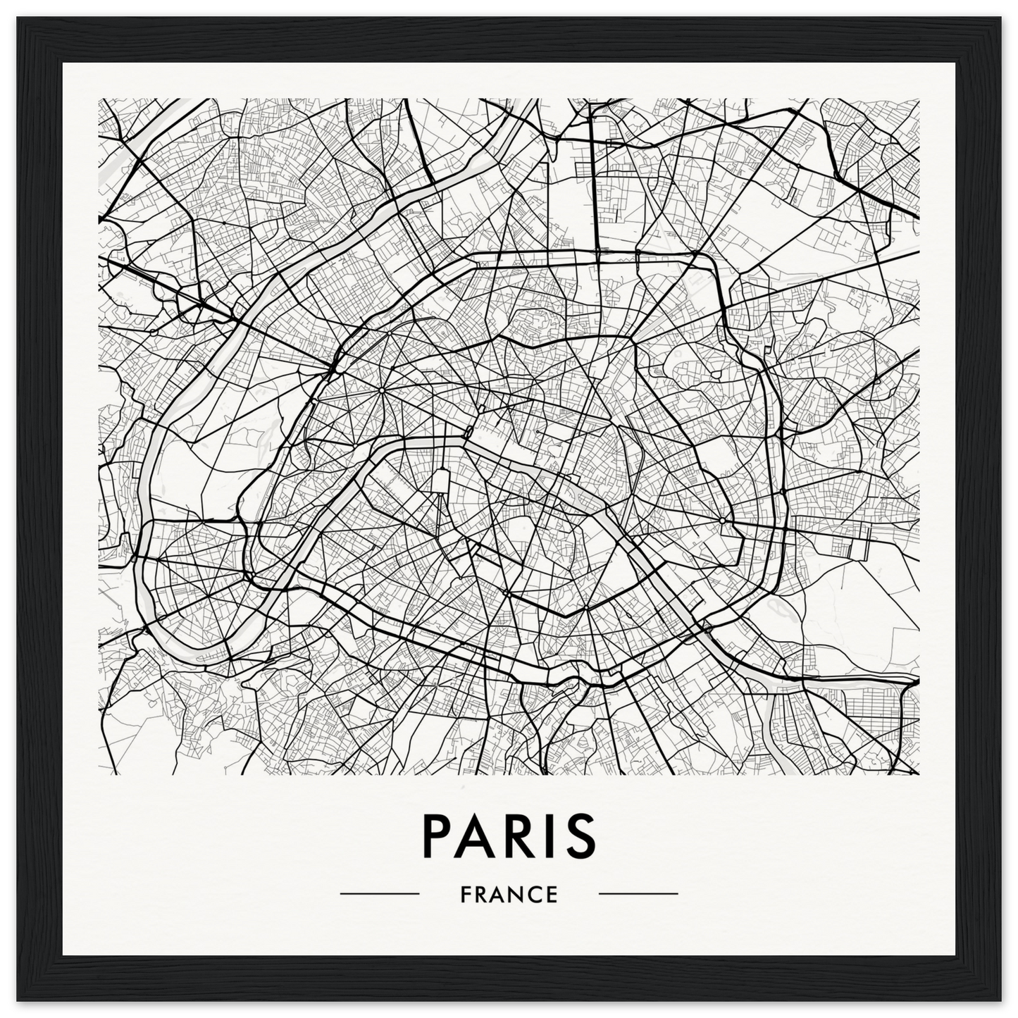 Map of Paris, France, showing the city’s street layout in black and white.