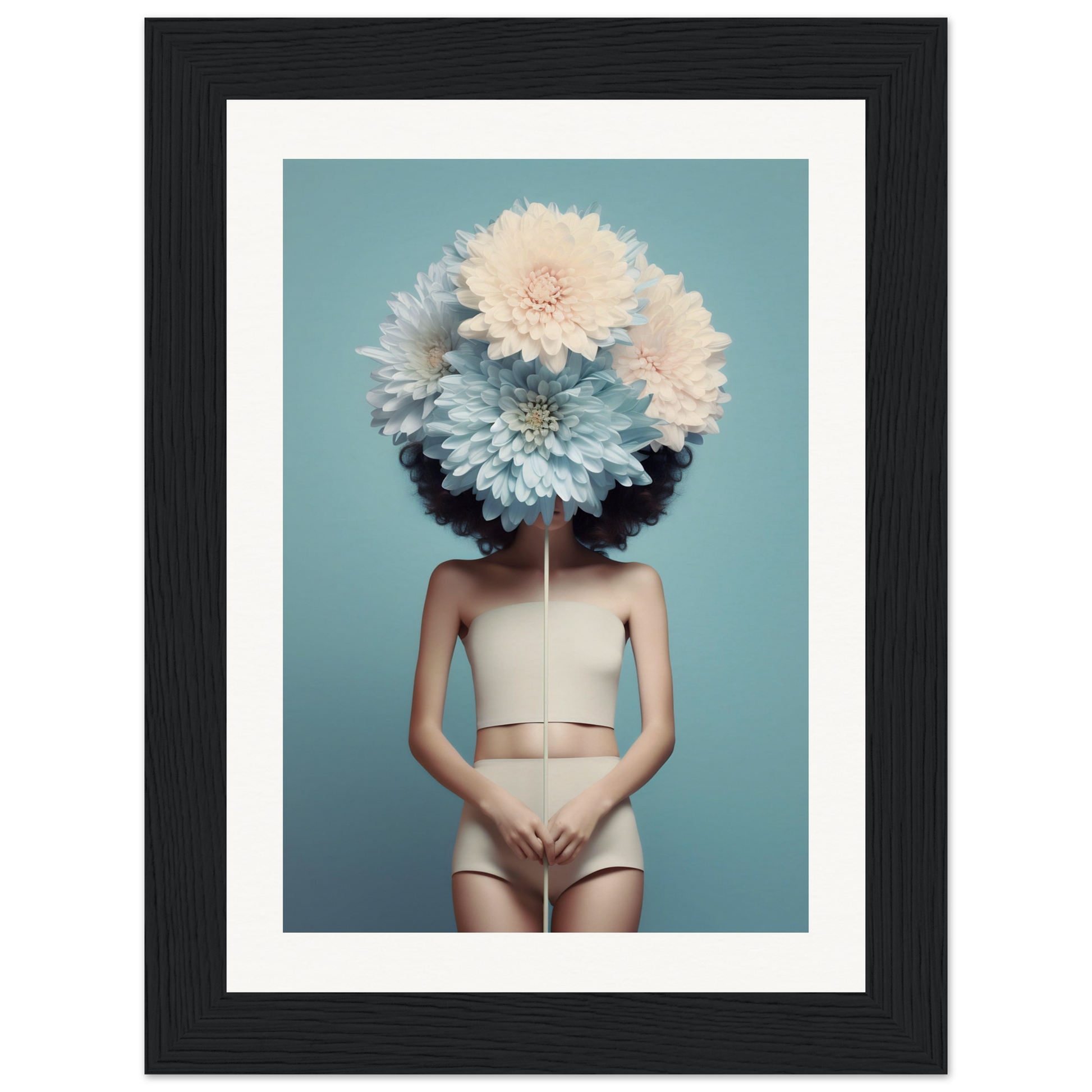 Surreal portrait of a figure with giant flowers obscuring their head and face, wearing nude-colored undergarments.