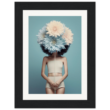 Surreal portrait of a figure with giant flowers obscuring their head and face, wearing nude-colored undergarments.