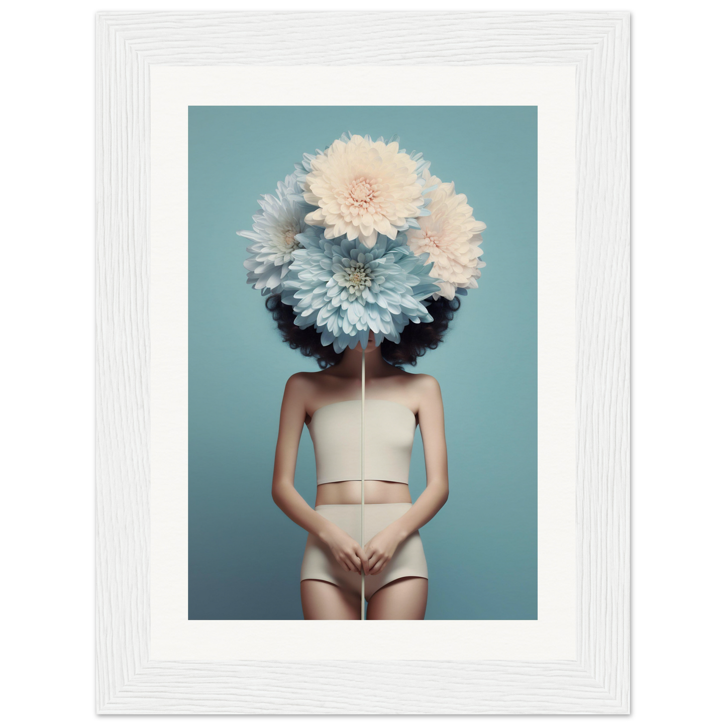 A person wearing oversized white flowers as a headdress, obscuring their face.