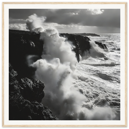 Dramatic ocean waves crashing on rocks, featured in Ocean Roars Symphony framed poster