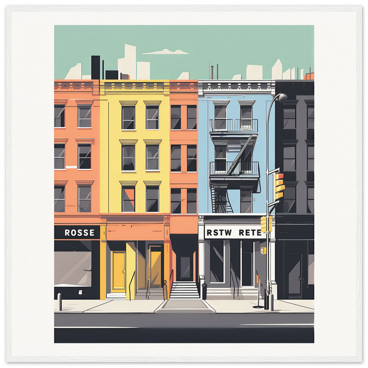 Colorful NYC buildings with storefronts in Sidewalk Dreams Aligning framed wall art