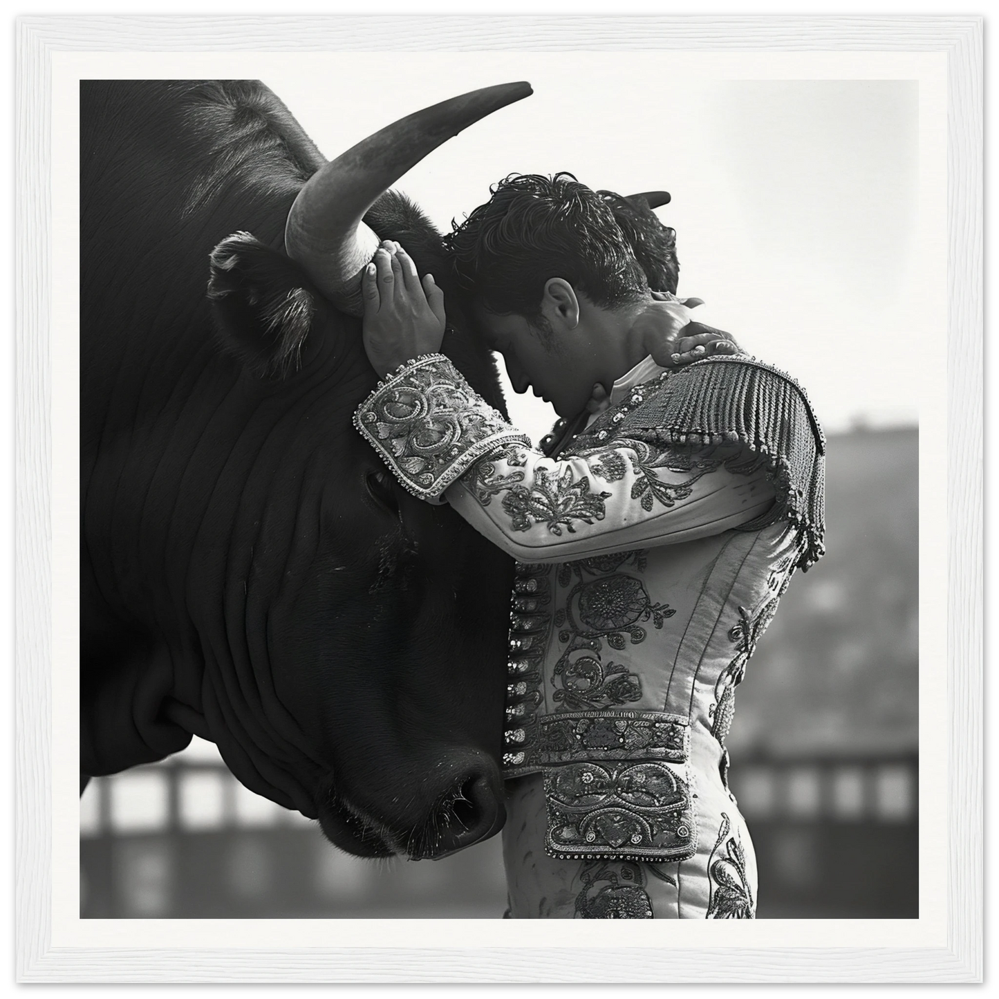 Matador in ornate suit embraces bull’s head in Beastly Symbiosis Reverie black and white art