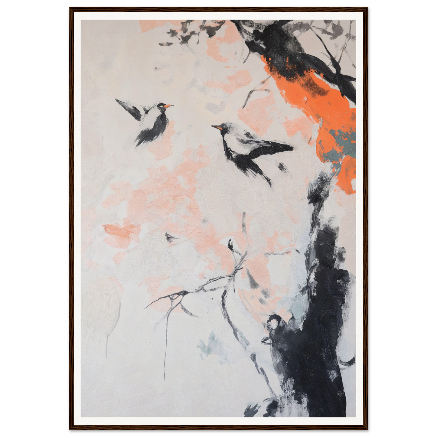 Framed wall art: abstract painting of two birds near branches with orange and black accents.