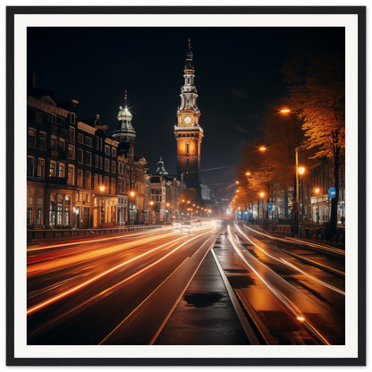 Illuminated Clock Tower in Clockwork City Glow, with light trails from busy traffic