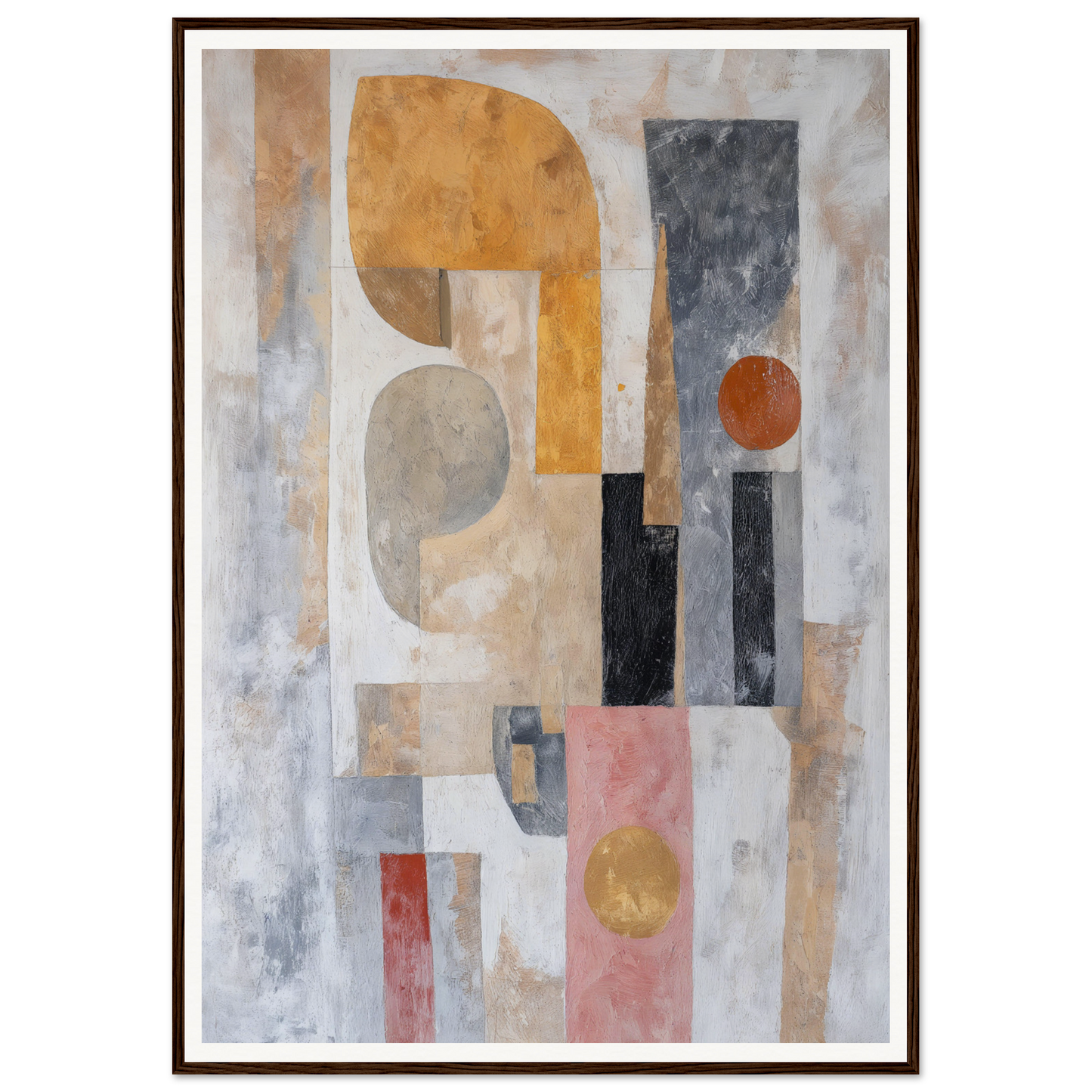 Framed wall art: abstract painting with geometric shapes in orange, gray, black, and pink tones.