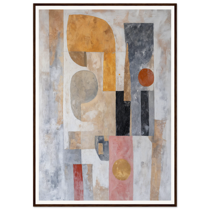 Framed wall art: abstract painting with geometric shapes in orange, gray, black, and pink tones.