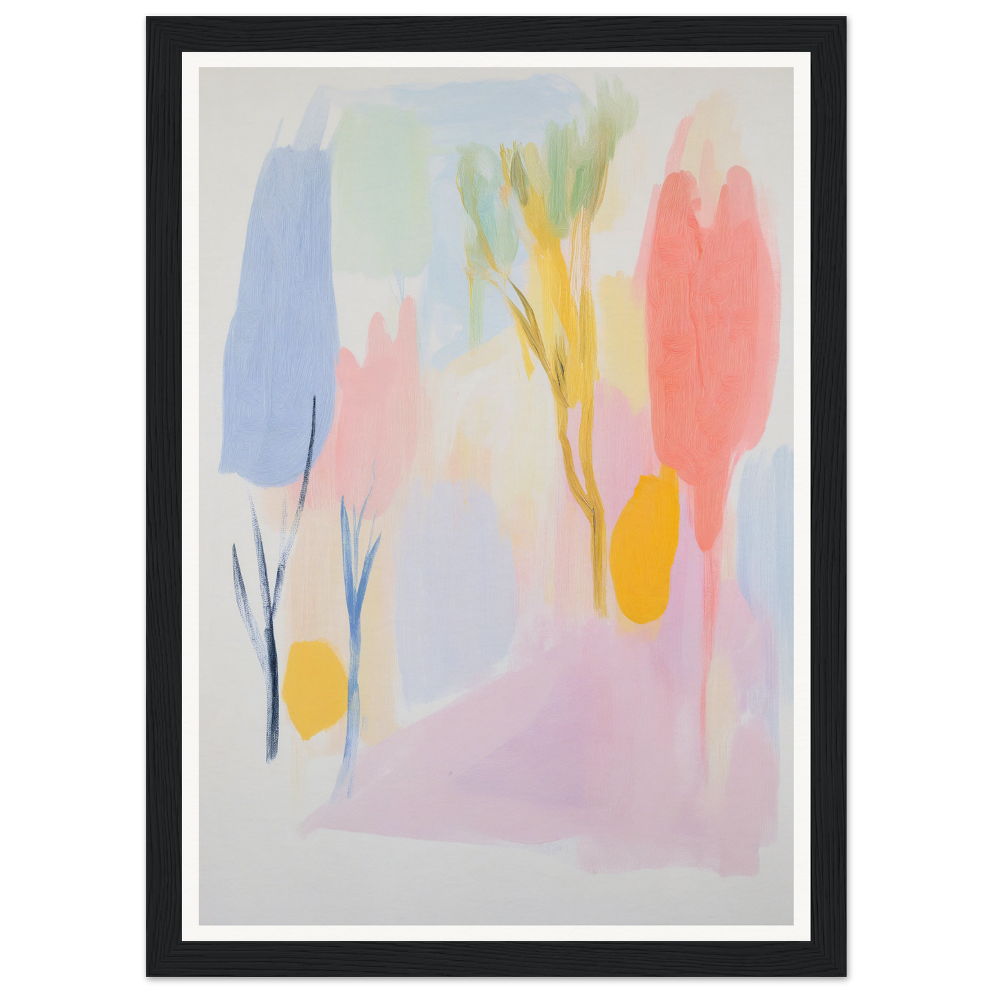 Framed wall art: abstract painting with pastel colors and tree-like shapes in a black frame.