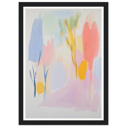 Framed wall art: abstract painting with pastel colors and tree-like shapes in a black frame.