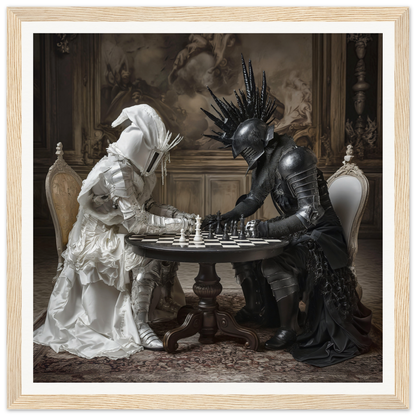 Two ornate figures in white and black armor chess at a round table in Duelling Nightmares Vision