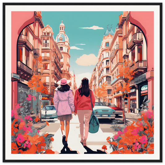 Two friends enjoying a Jazzed Urban Reverie stroll down a charming city street