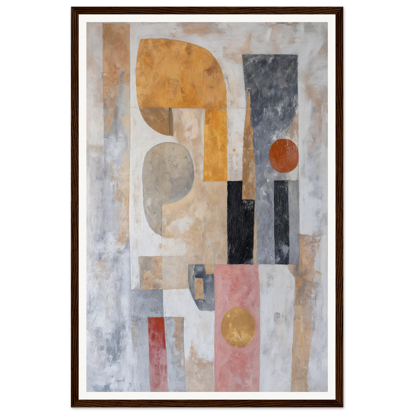 Framed wall art: Abstract painting with geometric shapes in earth tones and grayscale.