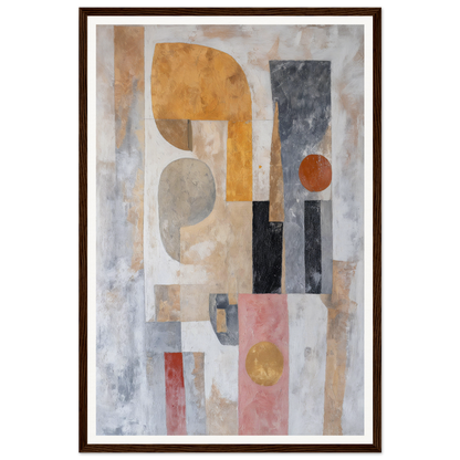 Framed wall art: Abstract painting with geometric shapes in earth tones and grayscale.