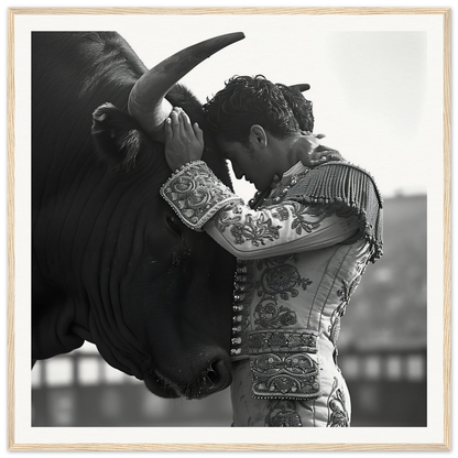 A matador in an embroidered suit sharing a moment with a bull in Beastly Symbiosis Reverie