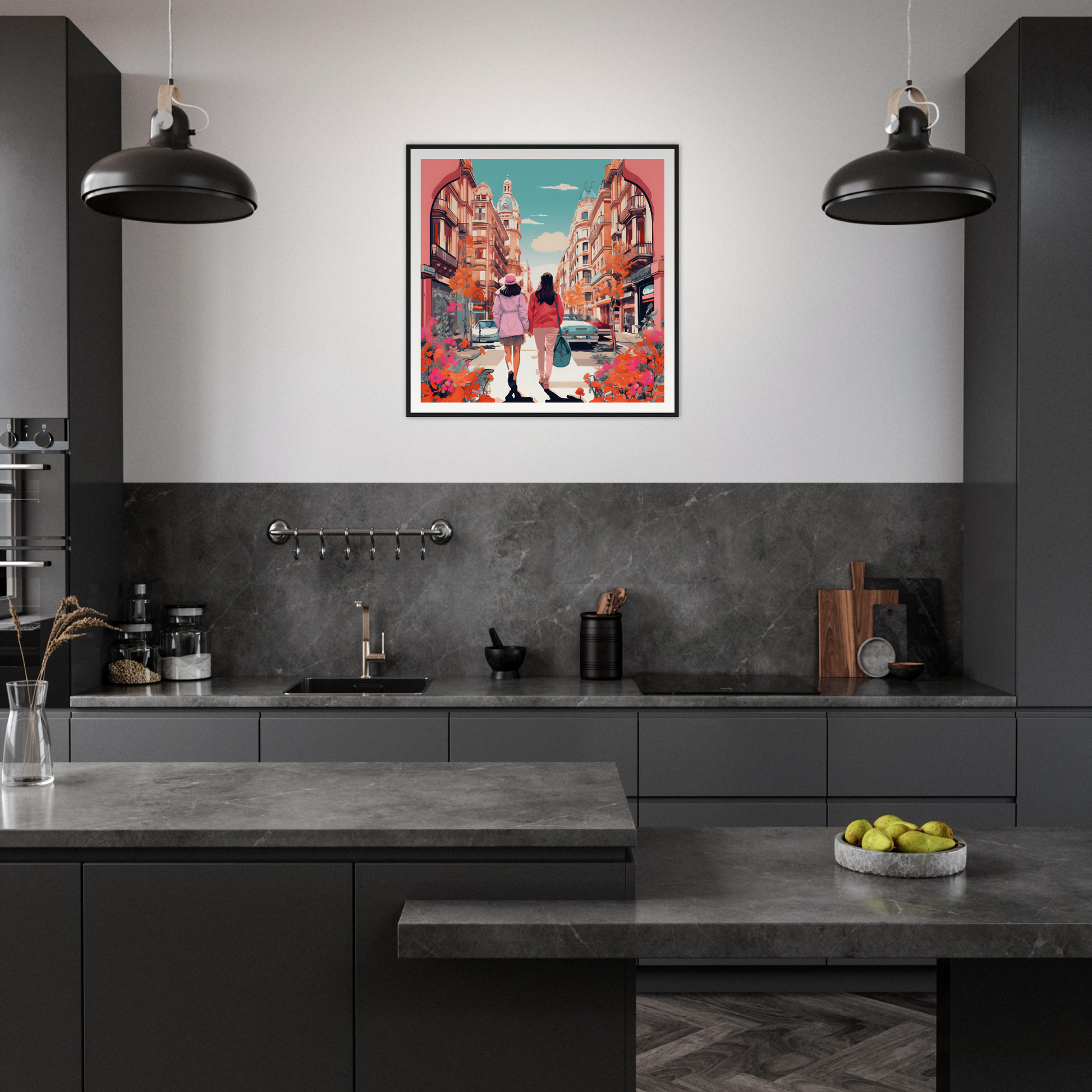 Modern dark gray kitchen featuring Jazzed Urban Reverie framed wall art for a vibrant touch