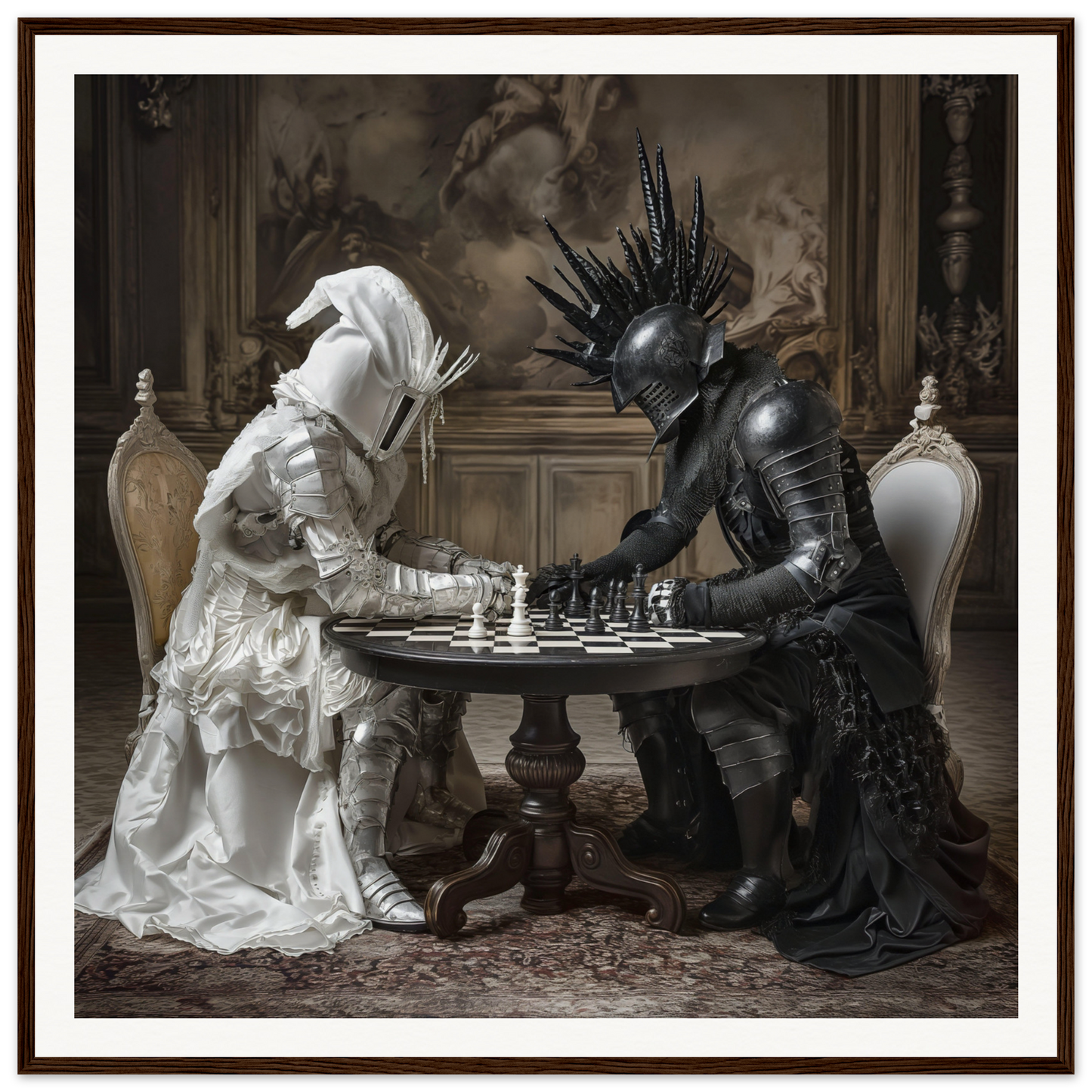 Two armored figures in black and white play chess in Duelling Nightmares’ Vision art