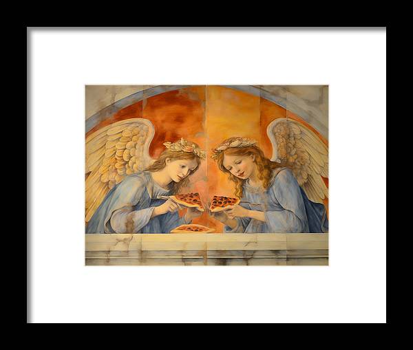 Painting of two angels with golden halos and wings in blue robes.