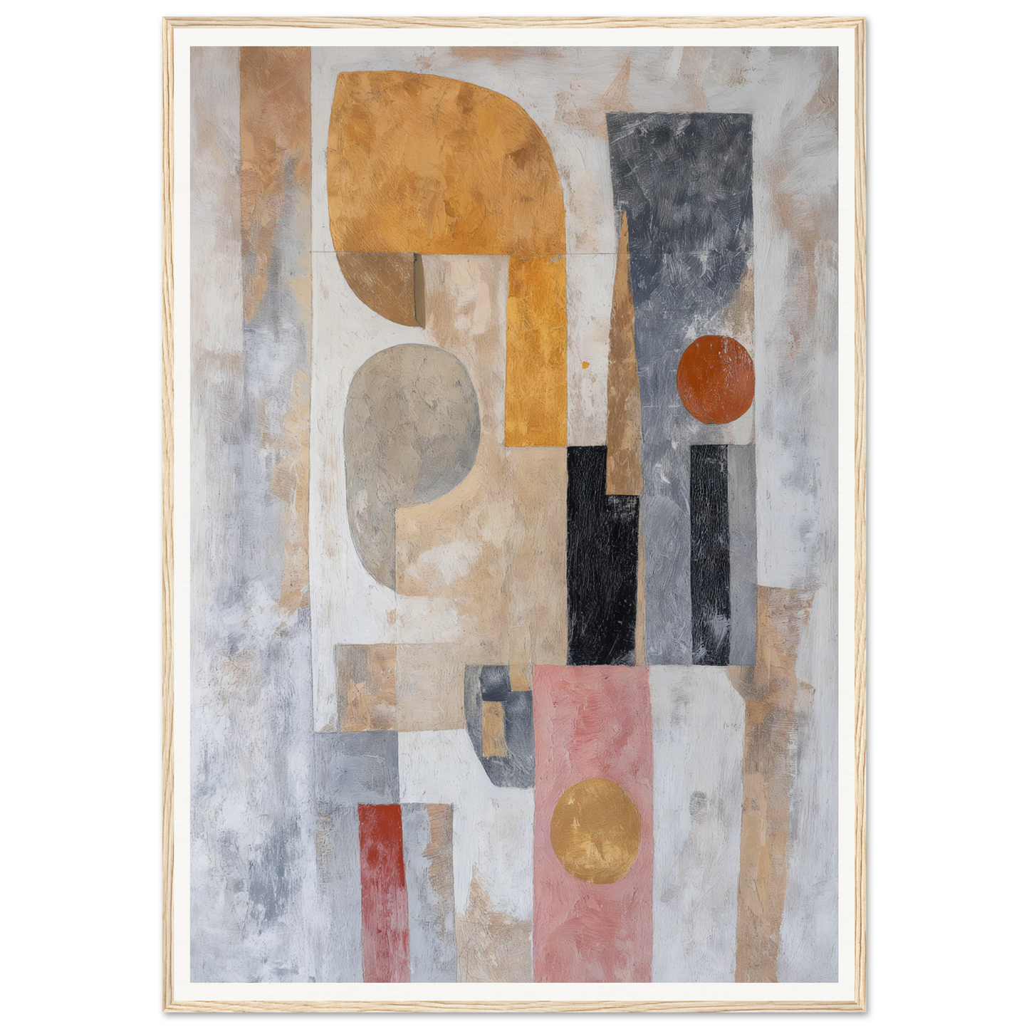 Framed abstract painting with geometric shapes in earthy tones for elegant room decor.