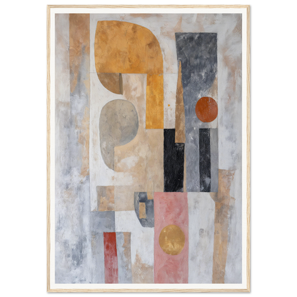 Framed abstract painting with geometric shapes in earthy tones for elegant room decor.