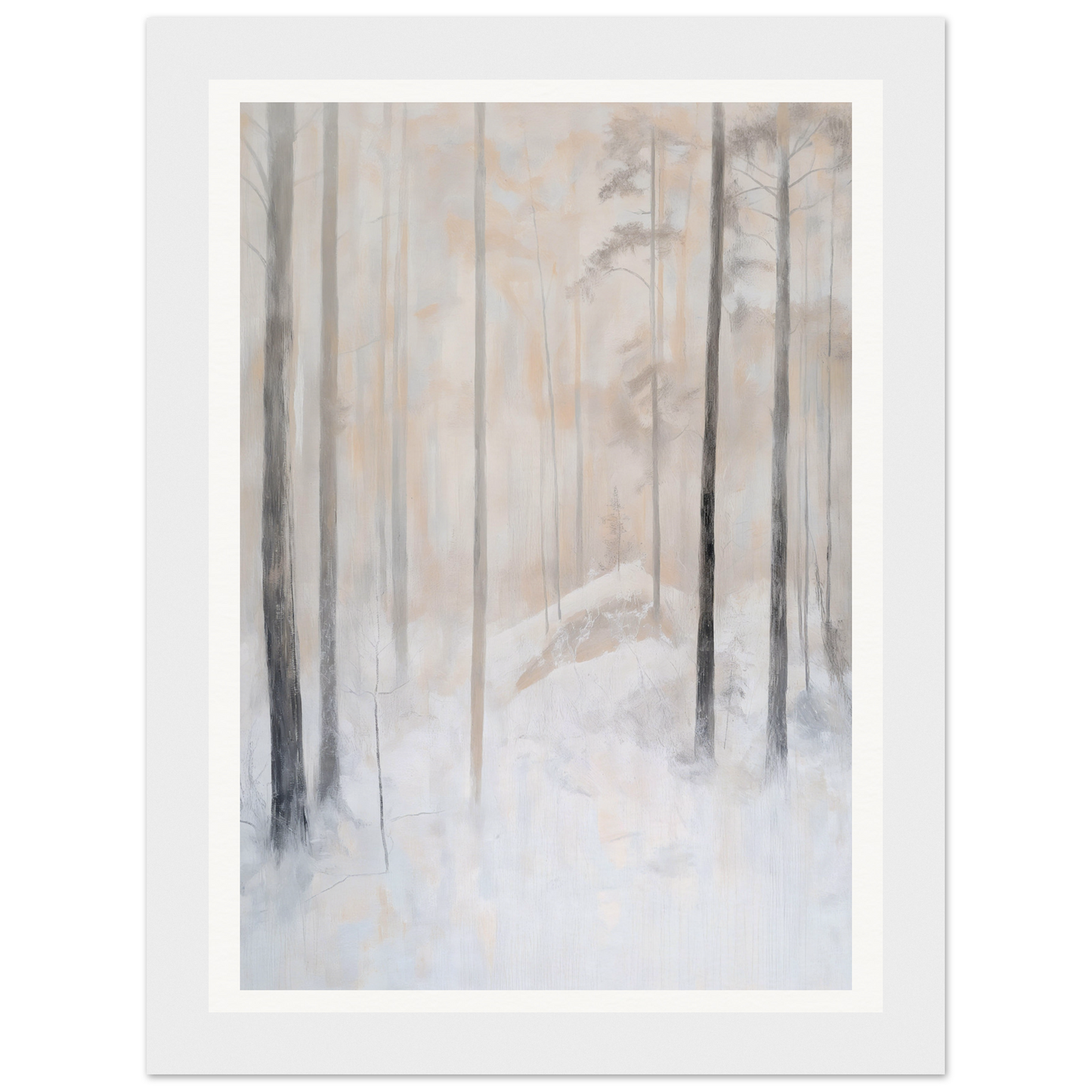 Framed wall art of a misty forest with tall trees and a snowy ground.