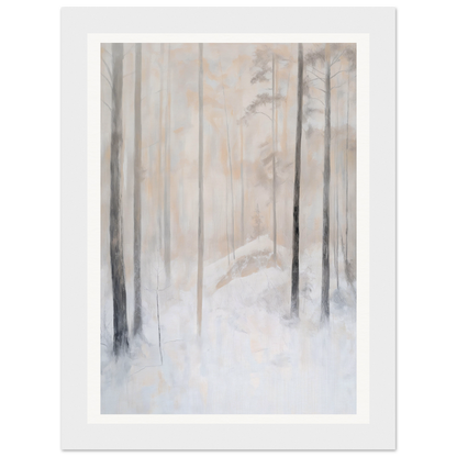 Framed wall art of a misty forest with tall trees and a snowy ground.