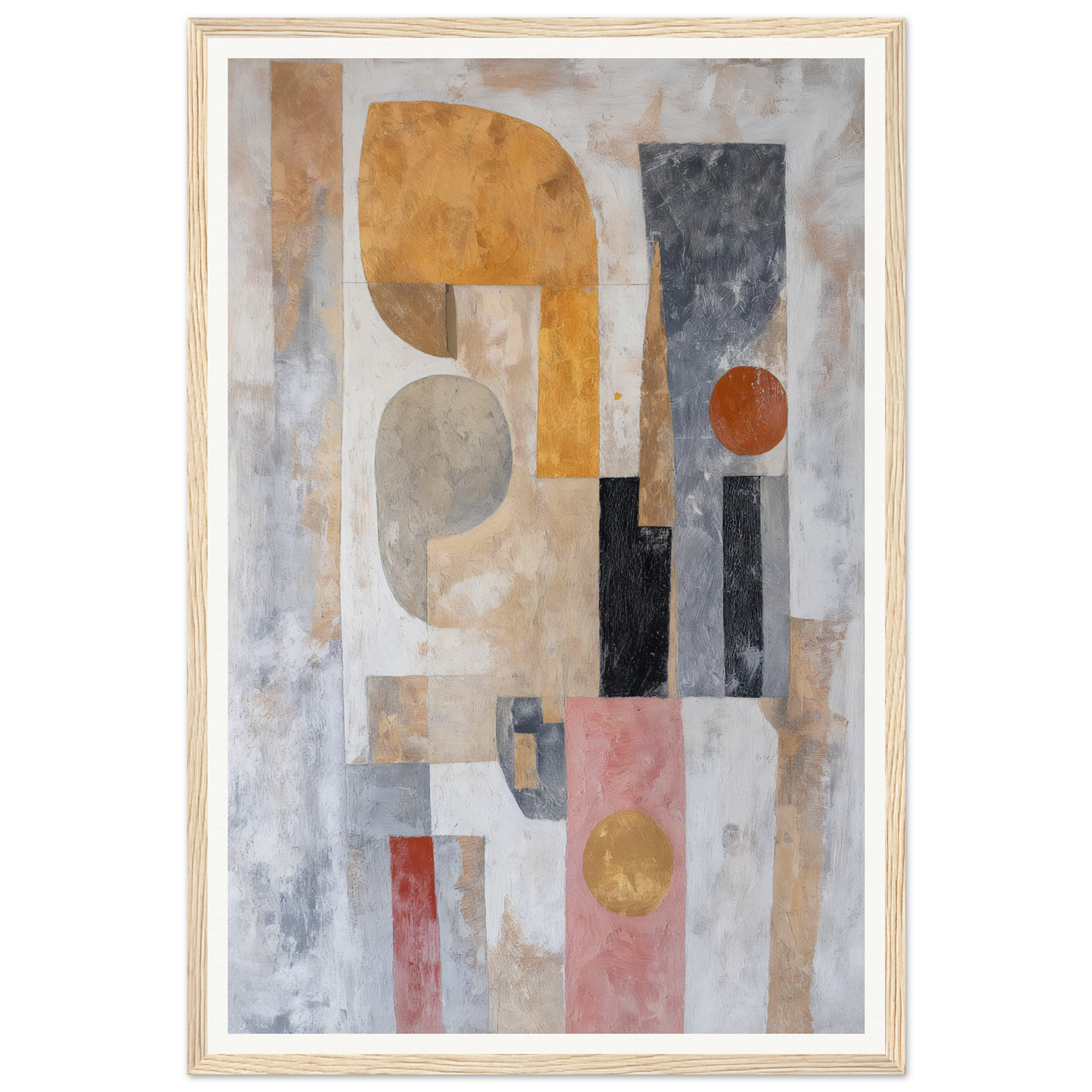 Framed wall art with geometric shapes in earthy tones, perfect for enhancing room decor.