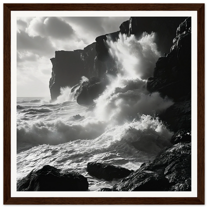 Dramatic black and white ocean waves crash on cliffs in Ephemeral Stone Symphony framed posters