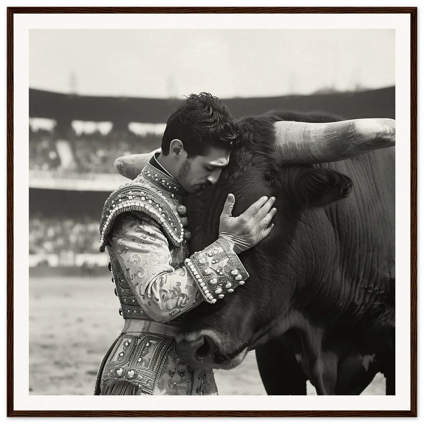 Matador in embroidered suit embracing bull’s head, Bovine-passo Solo framed wall art