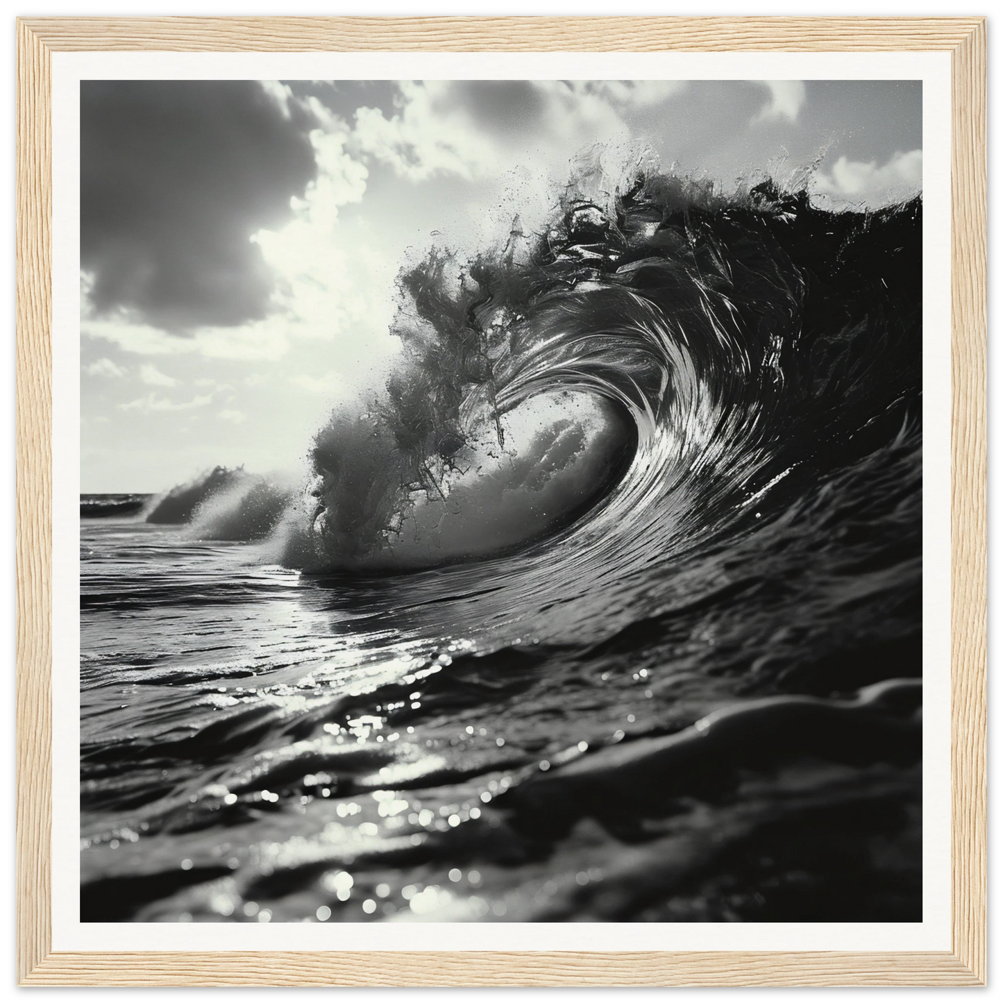 Black and white image of a curling ocean wave from Eternal Wave Symphony framed poster