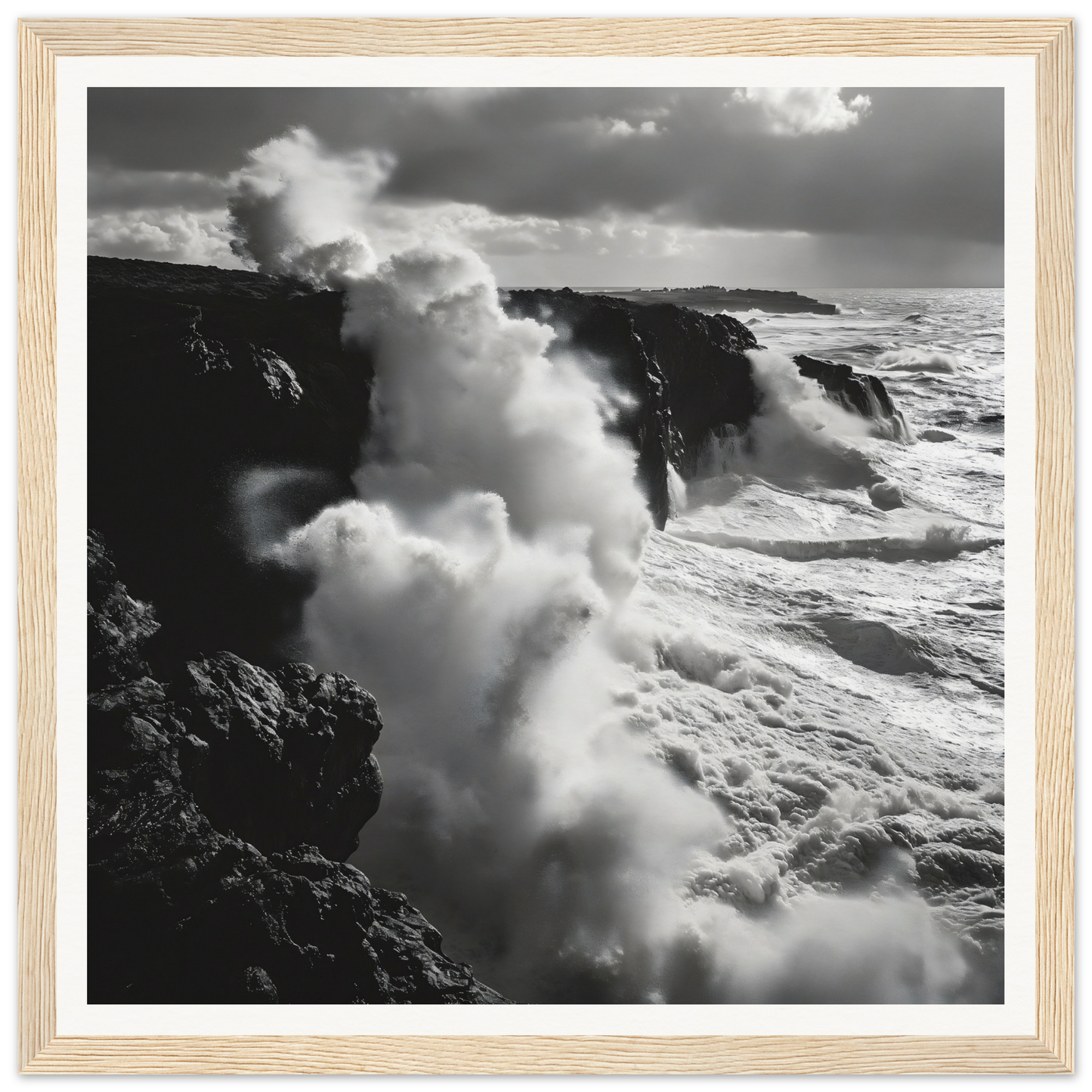 Epic ocean waves crash on cliffs in Ocean Roars Symphony framed poster art