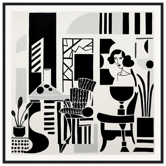 Black and white abstract geometric artwork in Urban Simba Masquerade with pine wood elements