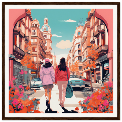 Two friends enjoying autumn vibes on a European street in Jazzed Urban Reverie art