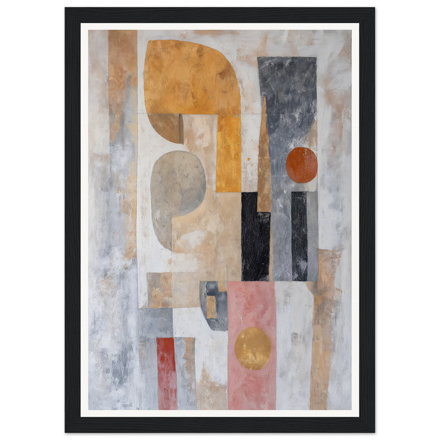 Framed wall art: Abstract painting with geometric shapes in gray, orange, yellow, and red tones.