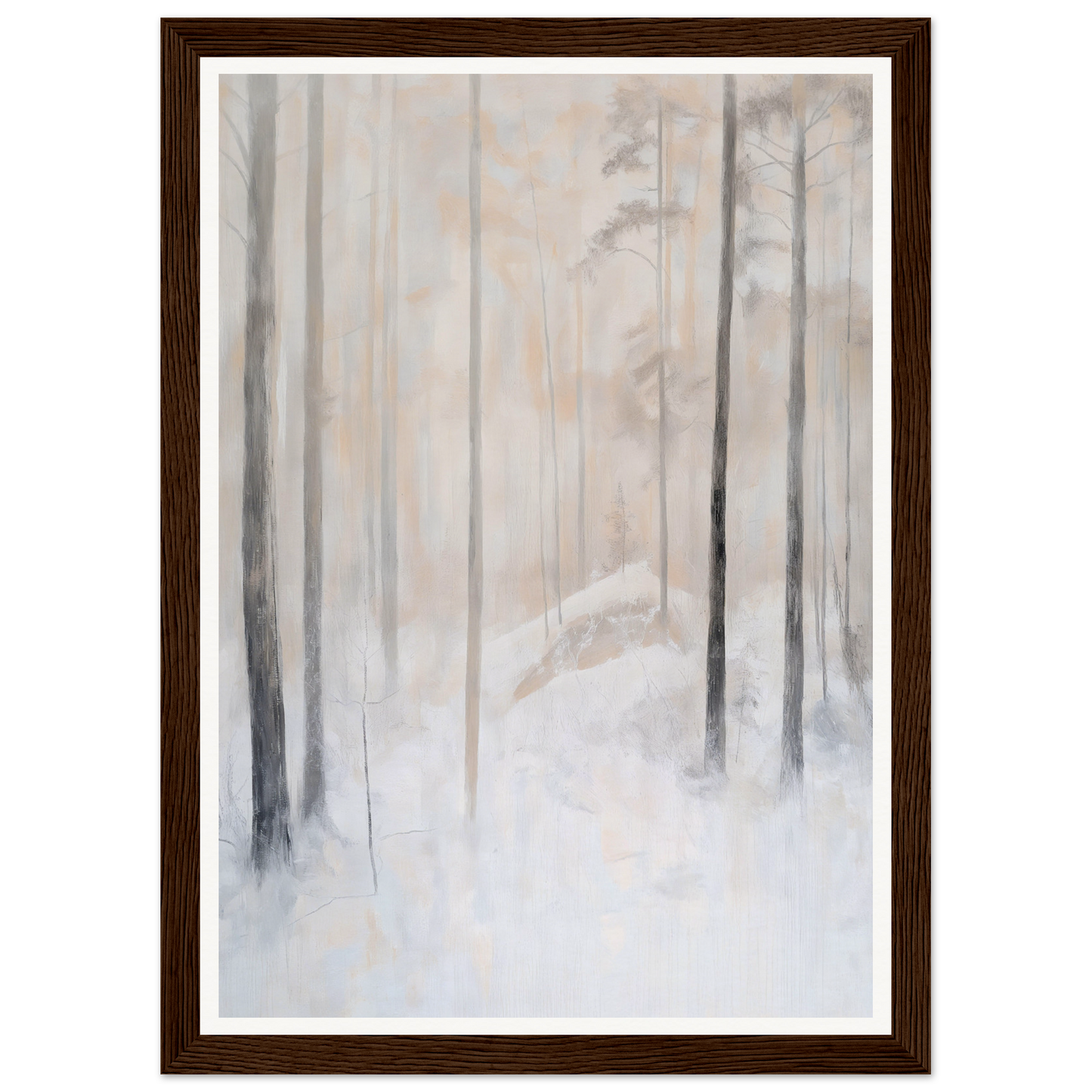 Framed wall art of a foggy forest with tall trees and snow, perfect for room decor.