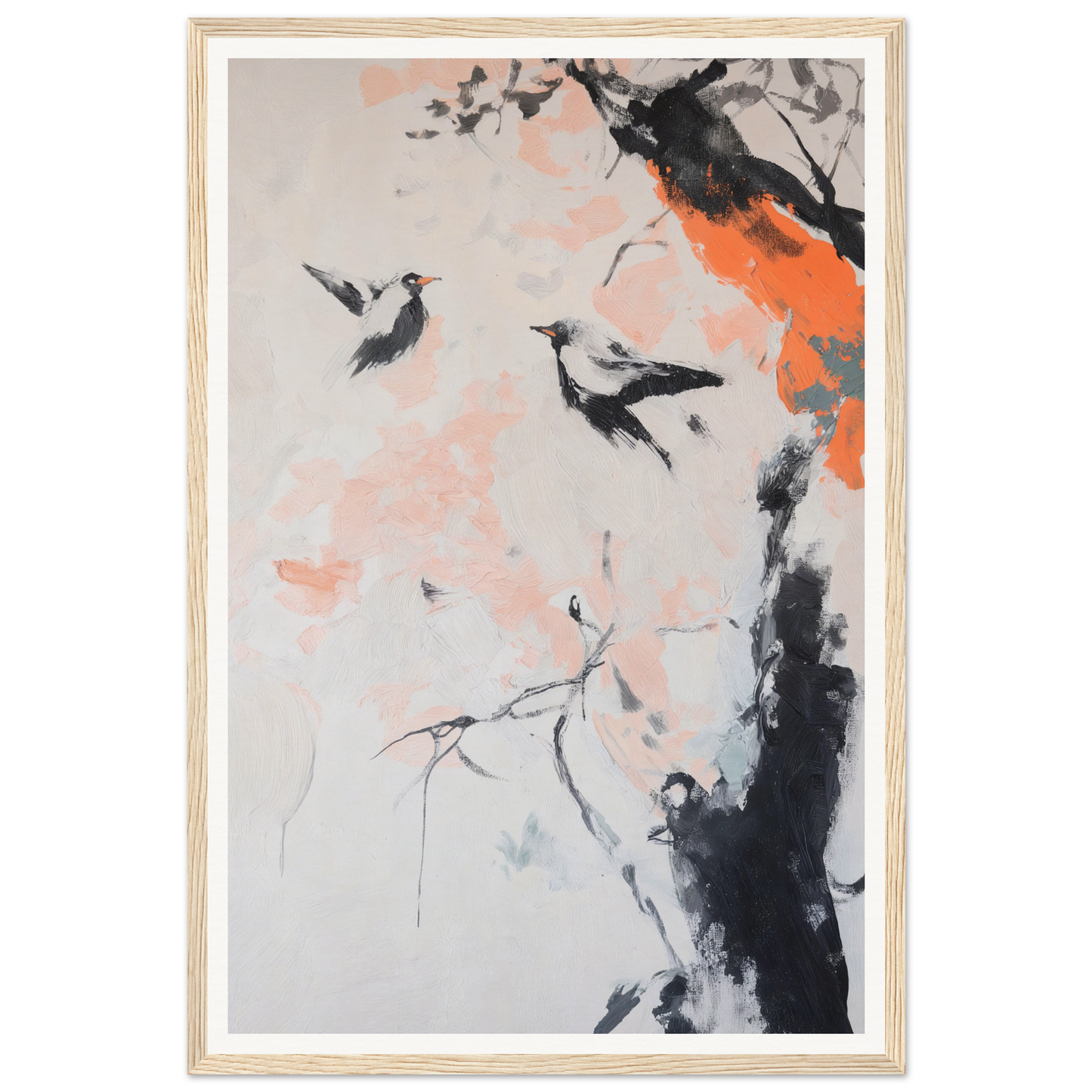 Framed wall art of two birds amid branches with vibrant pink and orange accents.