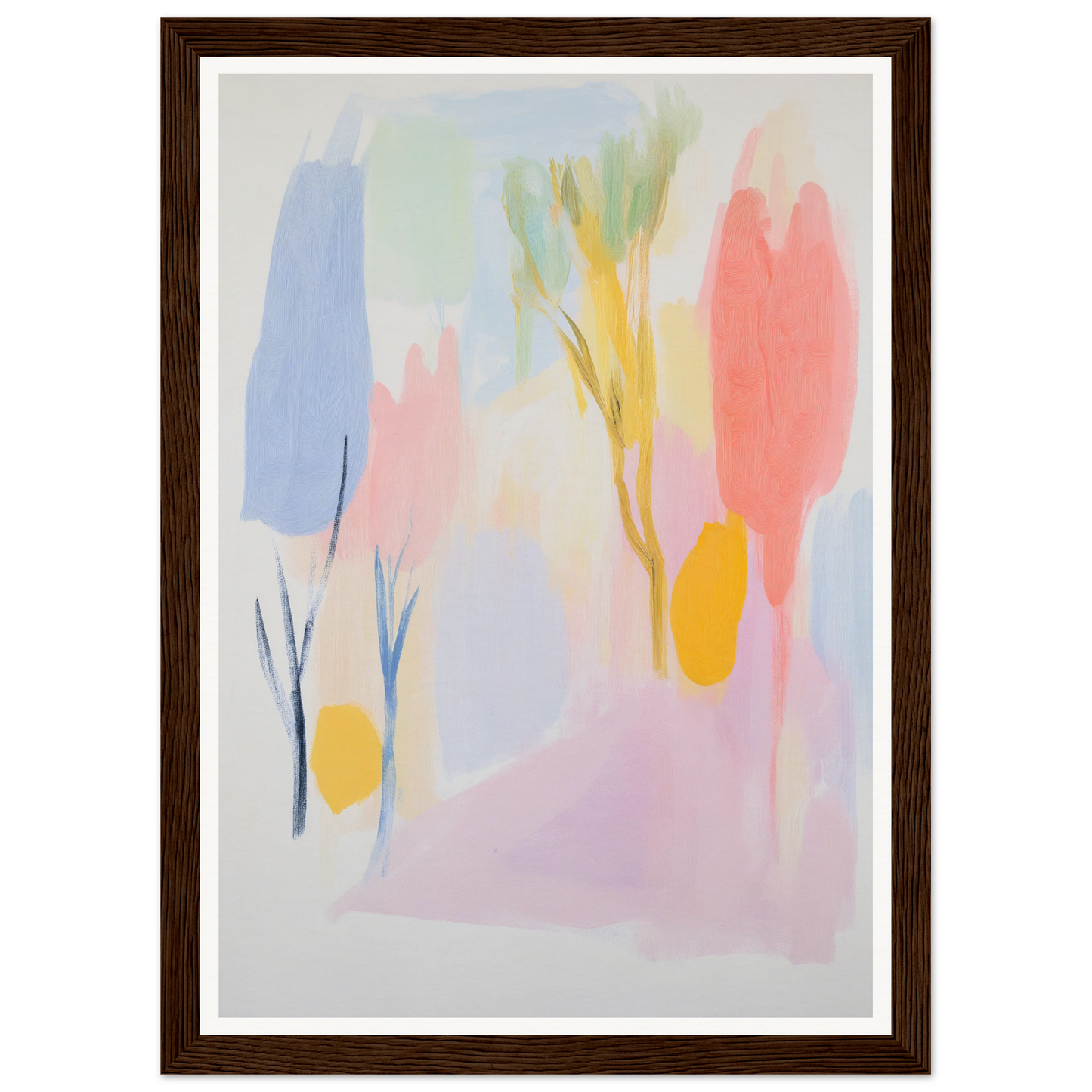 Framed wall art with colorful shapes set in a brown frame, perfect for room decor.