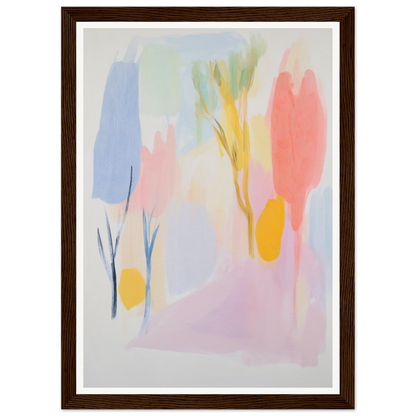 Framed wall art with colorful shapes set in a brown frame, perfect for room decor.