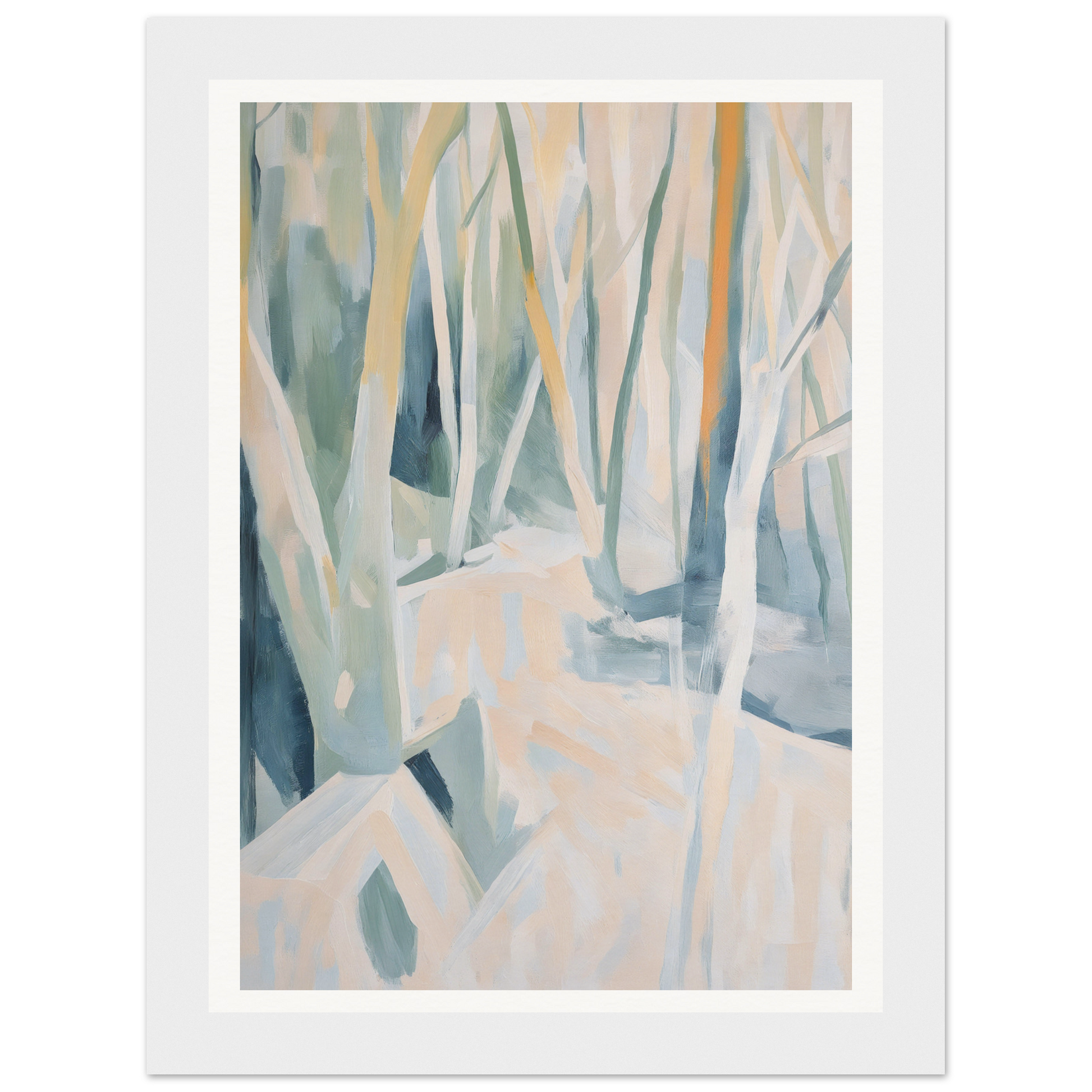 Framed wall art of abstract trees with muted colors in a serene forest scene.