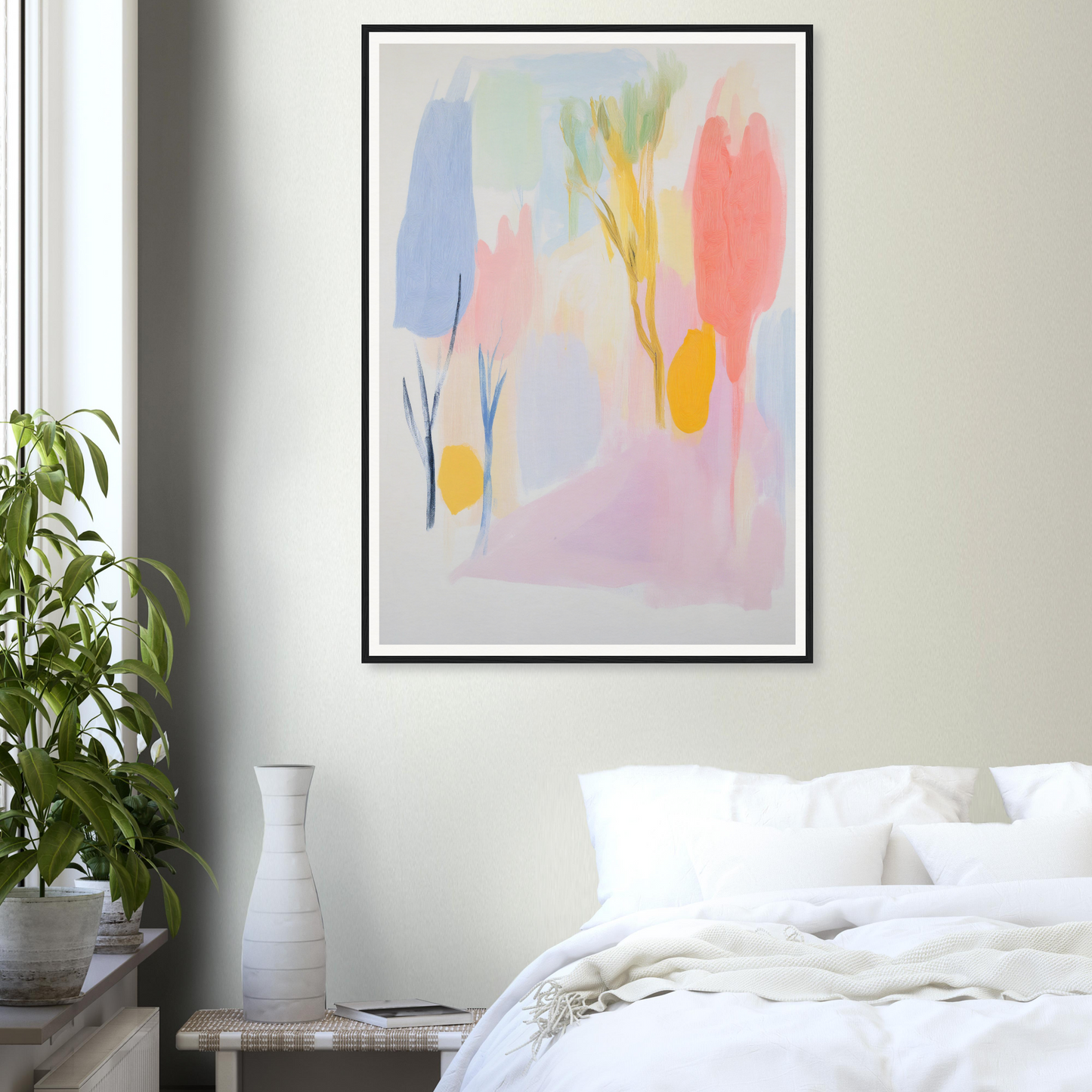 Framed wall art in pastel hues above bed complements potted plant and vase, perfect room decor.