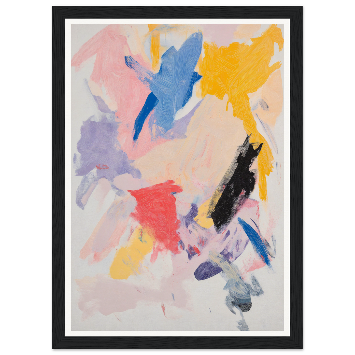 Framed wall art with colorful brushstrokes in blue, yellow, pink, black, and red.