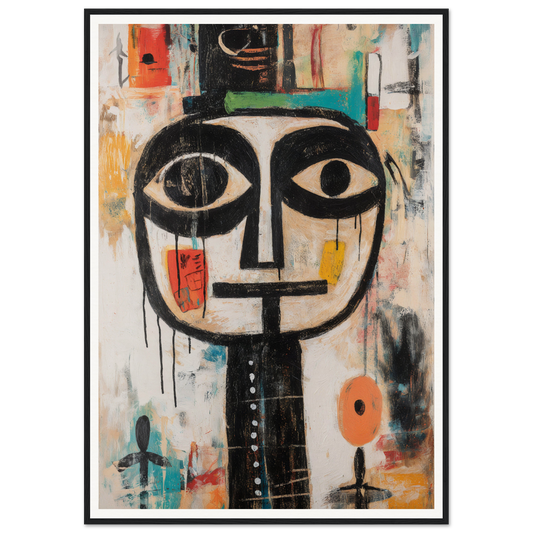 Framed wall art featuring a large stylized face and vibrant geometric shapes.