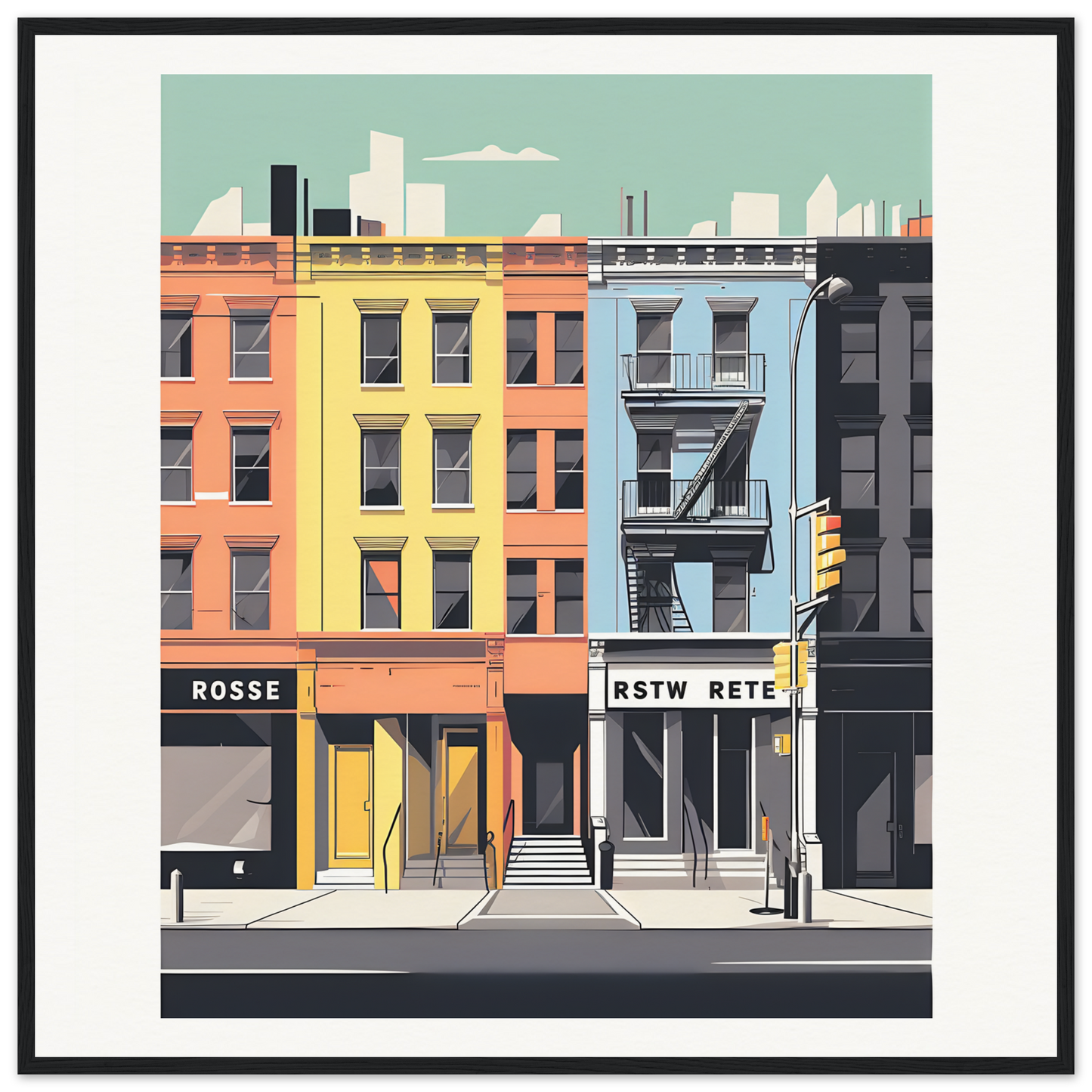 Colorful urban buildings with storefronts in Sidewalk Dreams Aligning framed wall art