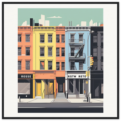 Colorful urban buildings with storefronts in Sidewalk Dreams Aligning framed wall art