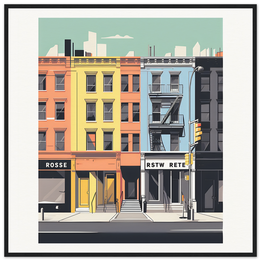 Colorful urban buildings with storefronts in Sidewalk Dreams Aligning framed wall art